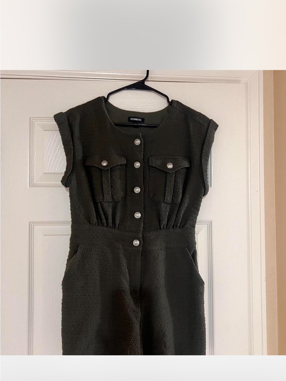 Express Olive Green Sleeveless Button-Front Utility Jumpsuit